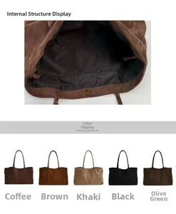 Detail of suede tote bag interior pocket and range of five available retro colors