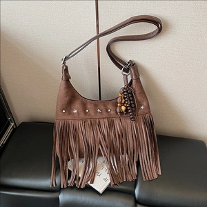 Women Retro Suede Tassel Crossbody Bag Bohemian Dumpling Underarm Shoulder Bag With Star Rivets And Wooden Beads Pendant