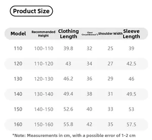 Detailed size chart for girls' down jacket with measurements for height and length