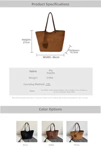 Detailed dimension chart showing capacity and size of the suede large tote bag