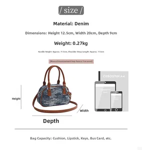 Size comparison of denim shoulder bag showing dimensions and internal storage capacity