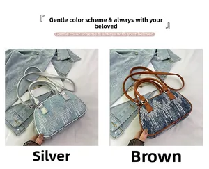 Comparison of vintage denim handbags in silver-accented light blue and brown leather trim