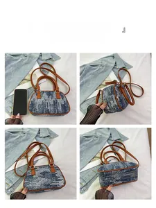 Detail view of denim sequin crossbody bag with brown leather trim and size reference