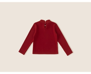 Detail of dark red knit sweater featuring a teardrop neck opening and button closure