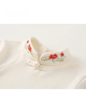 Detail of mandarin collar with traditional embroidery and frog buttons on winter jacket