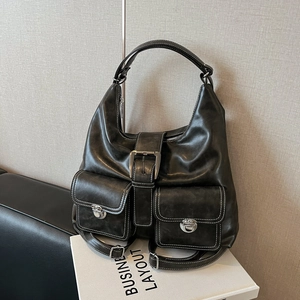 Large capacity vintage black oil wax leather tote bag with functional pockets for women