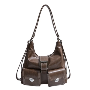 Brown vintage multi-functional tote bag with front pockets and silver metal push locks