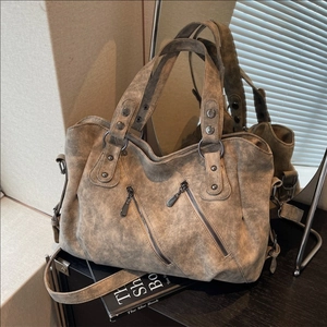 Grand Sac Fourre-tout Rétro pour Femmes en Cuir PU Texturé Sac à Bandoulière avec Rivets et Fermetures Éclair