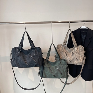Grand sac cabas vintage en gris foncé, vert et kaki avec bandoulière amovible