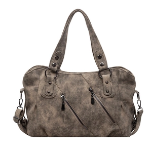 Sac fourre-tout vintage taupe en similicuir avec doubles poignées et zips argentés