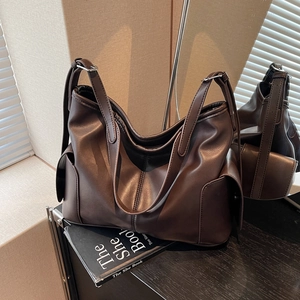 Retro Large Capacity PU Leather Tote Bag For Women Vintage Hobo Shoulder Bag With Side Pockets Fashion Commuting Handbag