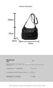 Detailed technical info of black PU leather shoulder bag with dimensions 27x22x10cm