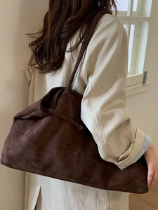 Large dark brown suede tote bag for women with minimalist shoulder strap in autumn style