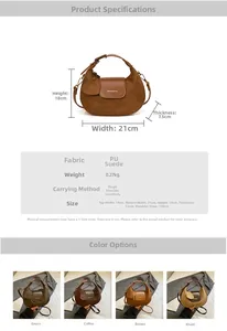 Detailed size specifications for the vintage brown PU suede hobo bag showing dimensions