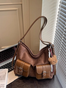 Women Retro PU Leather Shoulder Bag Large Capacity Suede Texture Tote With Bear Charm Contrast Stitching Fashion Hobo Bag