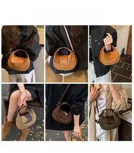 Retro crescent crossbody bag in suede and smooth leather finishes shown on models