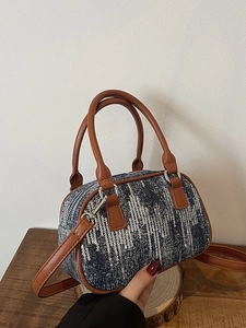 Fashion Women Denim Sequin Small Square Bag Vintage Boston Handbag Blue Jeans Crossbody Bag With Artificial Leather Strap