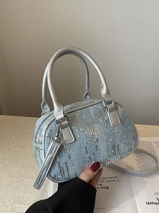 Blue denim square handbag with silver sequins and metallic hardware for modern women