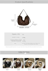 Detailed size specifications and color options for this large soft PU leather tote bag
