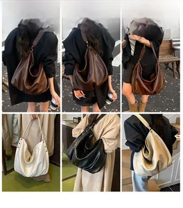 Collage showing oversized soft leather hobo bags in dark brown, cream, black, and beige colors