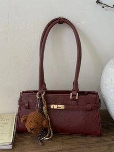 Retro Women Underarm Bag PU Leather Minimalist Shoulder Bag With Bear Pendant Metal Lock Fashion Versatile Small Handbag