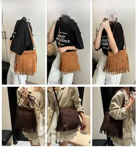Detailed views of crossbody bags with long tassels in camel and coffee brown suede
