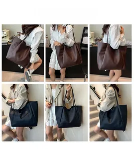 Multiple views of large capacity faux leather tote bags in dark brown and navy colors