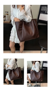 Detail of deep brown pebble grain leather tote bag with magnetic clasp and slim straps