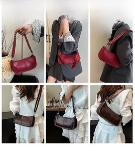 Collage of model wearing vintage rivet shoulder bags in burgundy and dark brown leather