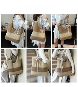 Detail view of woven straw tote bags with colorful stripes and lace charms in usage scenes