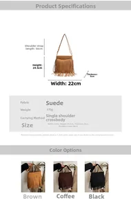 Detailed size chart and dimensions for the suede fringe crossbody bag in three colors