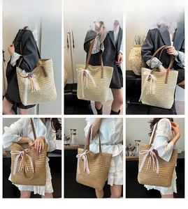 Straw woven tote bag with lace ribbon and colorful bead tassel shown with multiple outfits