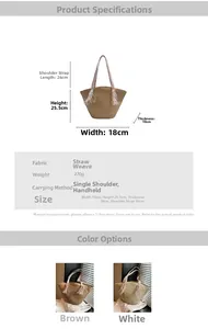 Detailed size specifications for a woven tote bag with dimensions and strap length details