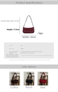 Detailed size chart for rivet shoulder bag showing PU fabric and 24x11.5x8.5cm dimensions