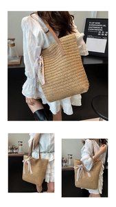 Detail of straw tote bag showing beige wave texture, brown leather straps, and tassel charm