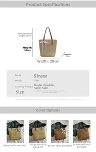 Straw tote bag size detail: 28cm width, 36cm height, with dimensions and strap length info