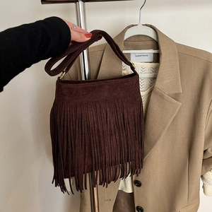 Vintage dark brown suede fringe shoulder bag with bohemian long tassels for women