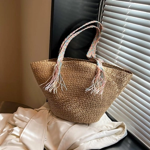Large Capacity Straw Woven Tote Bag For Women With Colorful Woven Shoulder Strap Tassel Bohemian Vacation Beach Handbag