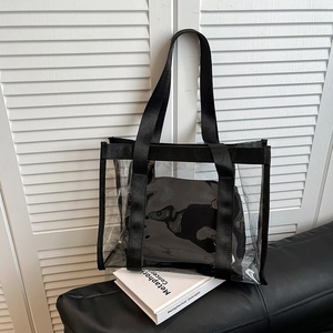 Grand sac cabas transparent en PVC avec sangle noire et pochette intérieure noire
