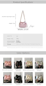 Detailed dimension chart for quilted chain bucket bag with size and strap length info