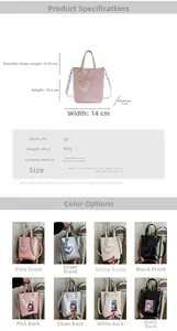 Detailed size and color chart for Korean style mini heart tote bag with dimensions