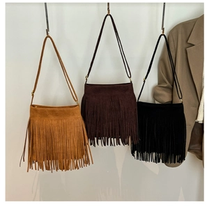 Bohemian suede tassel shoulder bags in tan, dark brown, and black colors