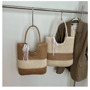 Large Capacity Straw Woven Tote Bag For Women Casual Striped Beach Bag With Lace Ribbon And Bead Charm Vacation Shoulder Bag