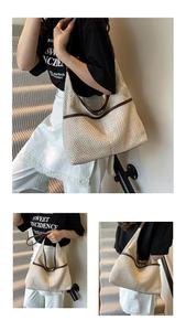 Detail view of woven straw tote bag with brown leather trim reinforcement in high quality