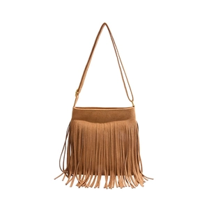 Bohemian brown faux suede tassel crossbody bag with adjustable strap and vintage fringe