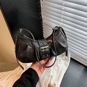 Vintage Distressed PU Leather Underarm Bag For Women Retro Y2K Crescent Hobo Shoulder Bag With Metal Buckle Pleated Design