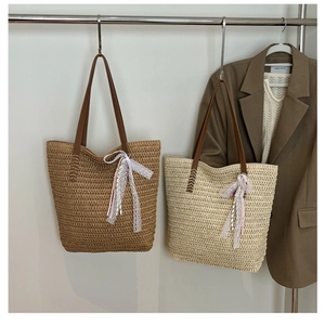 Women Large Capacity Straw Woven Tote Bag Summer Beach Bucket Shoulder Bag With Bow Lace Decor Daily Travel Handbag