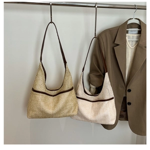 Summer straw hobo tote bag with leather straps for women in natural and cream colors