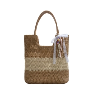 Large capacity woven straw tote bag with striped pattern and lace detail for summer beach