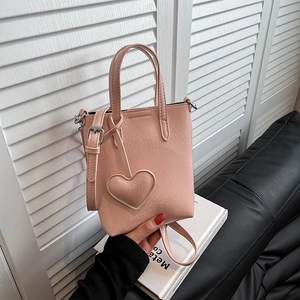 Korean Mini Tote Bag Crinkle PU Leather Crossbody Phone Bag Heart Pendant Transparent Card Slot Women Chic Handbag